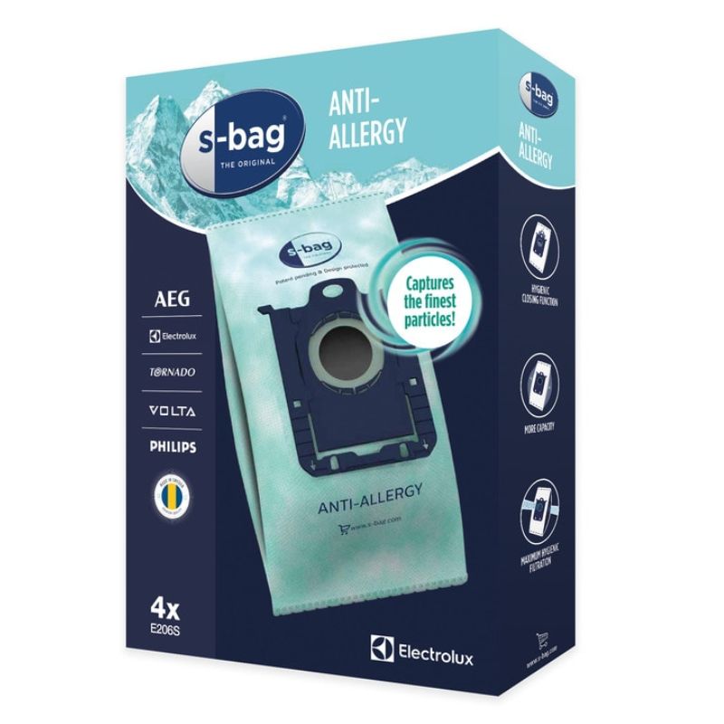 Saco de aspirador s-bag® Anti-Allergy E206S (ref. 9001684605) — pacote de 4 sacos de alta filtragem.
