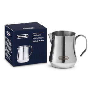 Jarro de espuma de leite Delonghi 350 ml DLSC060 / 5513282201 — jarro em aço inox com pega ergonómica para texturizar leite.