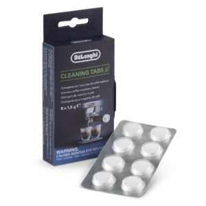 Pastilhas de limpeza Delonghi AS00002139 / DLSC552 — embalagem com comprimidos para remover resíduos de café em máquinas automáticas.