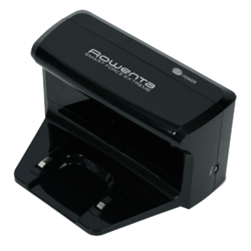 Imagem da base de carregamento RS-2230001019 Rowenta posicionada junto à parede, pronta para recarregar o aspirador robot