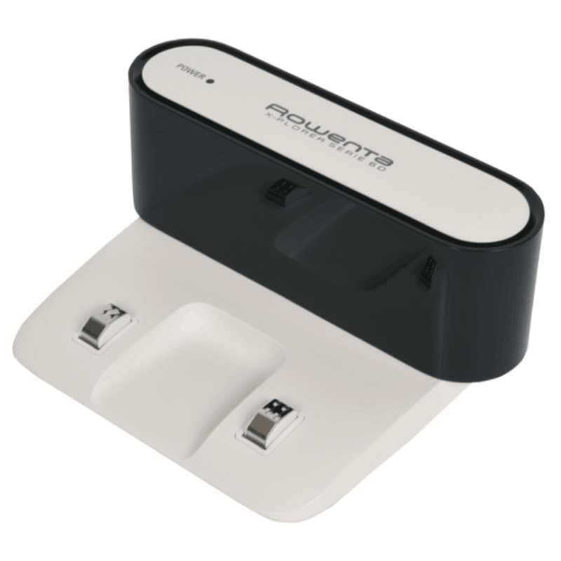 Imagem da base de carregamento branca RS-2230001838 Rowenta com aspirador robot posicionado, pronta para recarregar a bateria