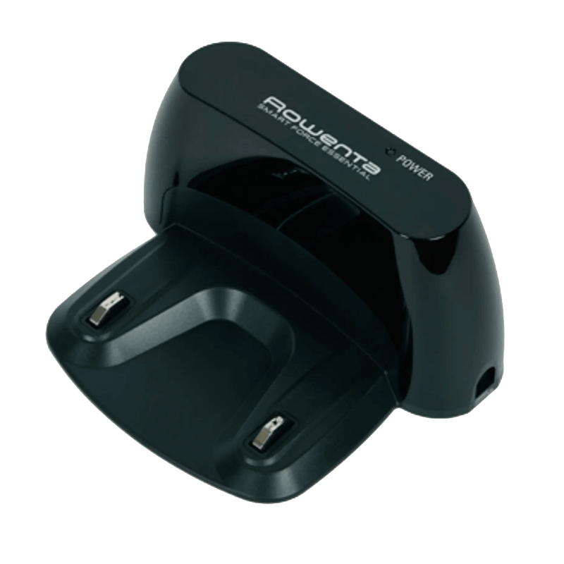 Imagem da base de carregamento RS-RT900910 Rowenta com o aspirador robot encaixado, pronta para recarregar a bateria