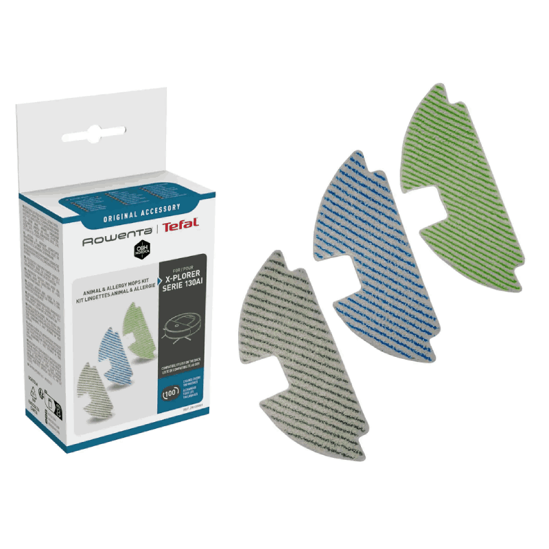 Imagem do kit de 3 toalhetes ZR130001 Rowenta, mostrando cores e funções distintas; apto para limpeza de pisos e proteção contra alergénios