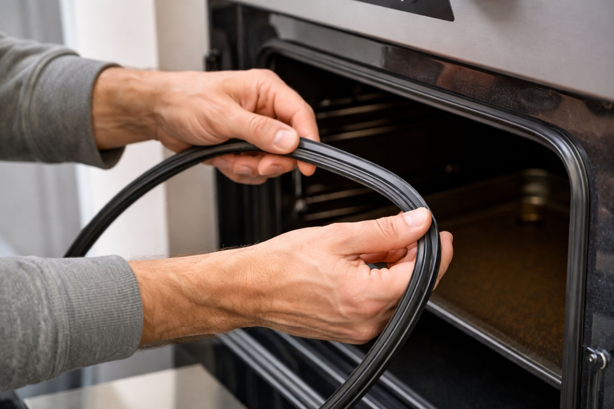 Mãos a colocar uma nova borracha vedante na porta de um forno