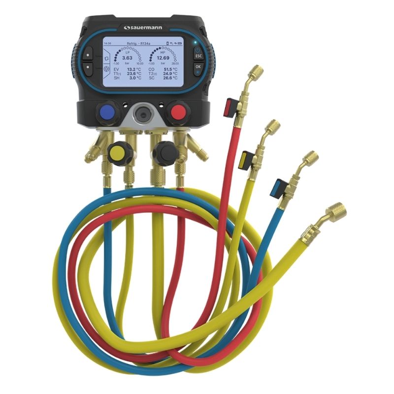 Manómetro de 4 vias Sauermann Si-RM450, equipamento digital para medição de pressão em sistemas de refrigeração e climatização.