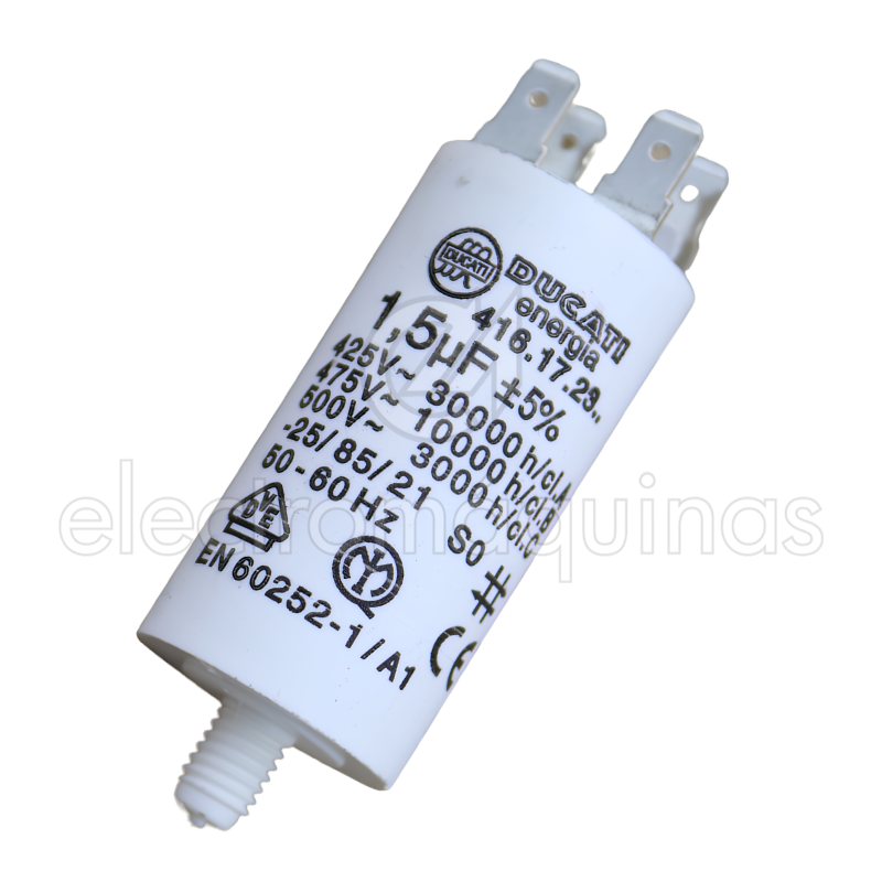 Condensador Ducati 1,5 µF 425V, peça de substituição para motores elétricos em equipamentos compatíveis.