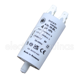 Condensador Ducati 4 µF 425V, peça de substituição para motores elétricos em equipamentos compatíveis.