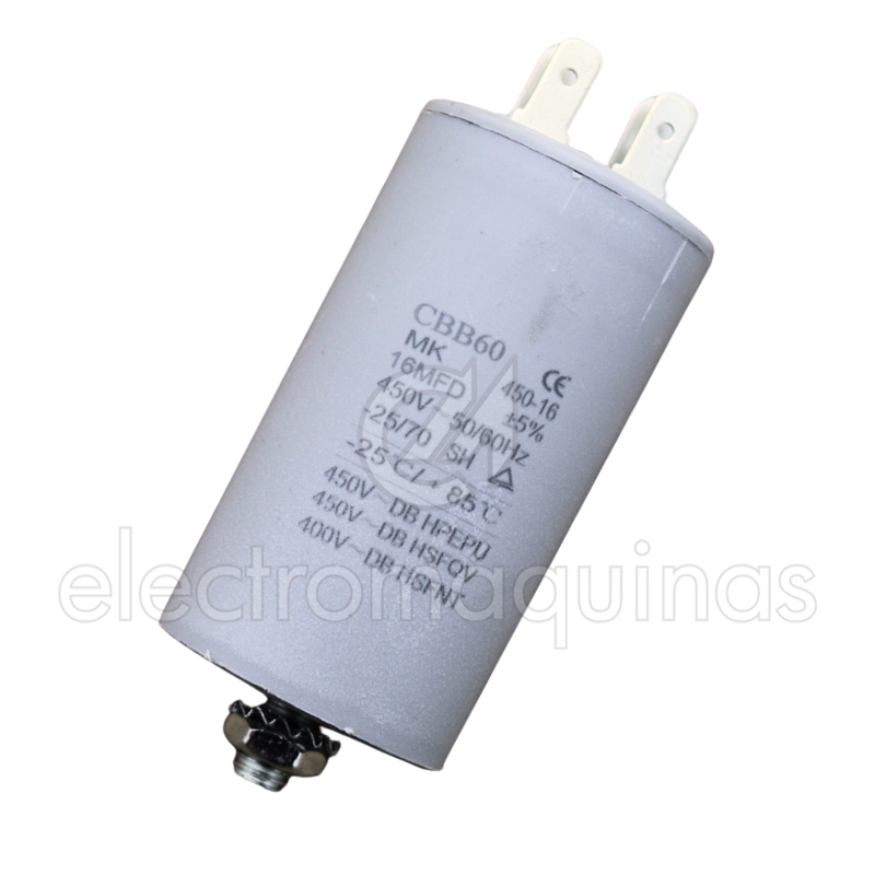 Condensador 16 µF 450V, peça de substituição para motores elétricos em equipamentos compatíveis.