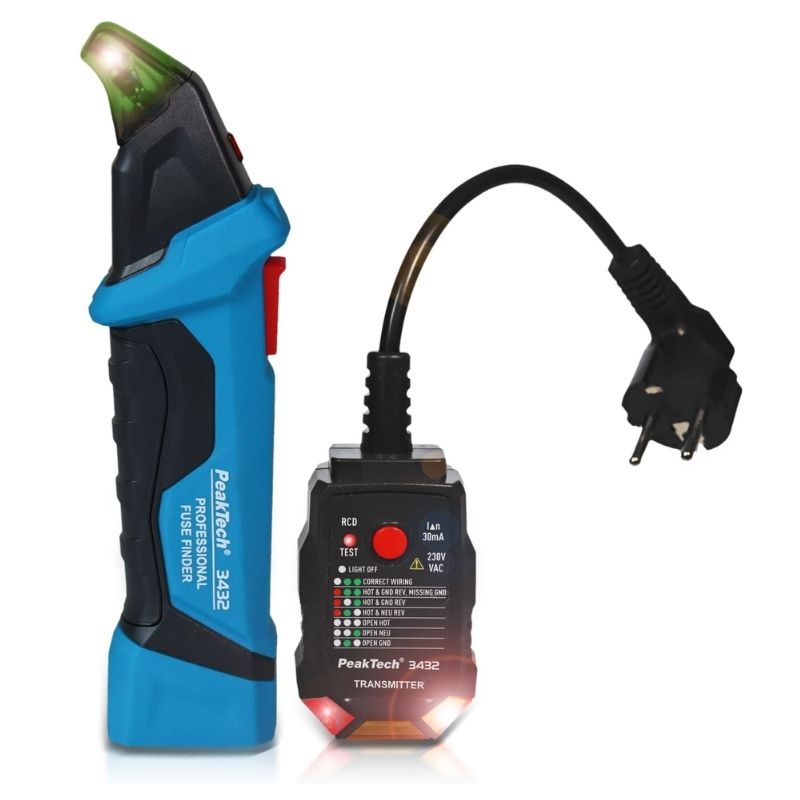 Localizador de fusíveis com testador de DR PeakTech P3432 030.00.0013, equipamento para identificação de circuitos e teste de diferenciais.