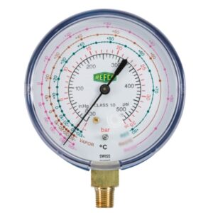 Manómetro Refco de baixa pressão 1/8", equipamento para medição de pressão em sistemas de refrigeração e climatização.