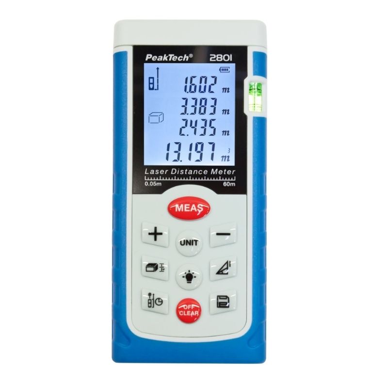 Medidor de distância a laser PeakTech P-2801 com alcance até 60 metros, equipamento para medições rápidas e precisas.