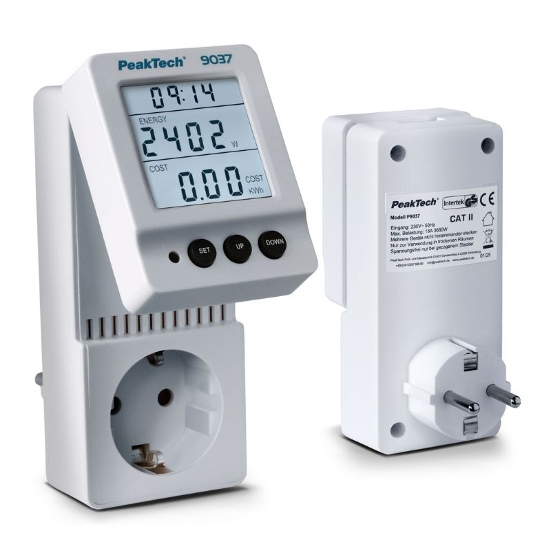 Medidor de energia PeakTech P-9037 0,1W com visor giratório, equipamento para medição de consumo elétrico.