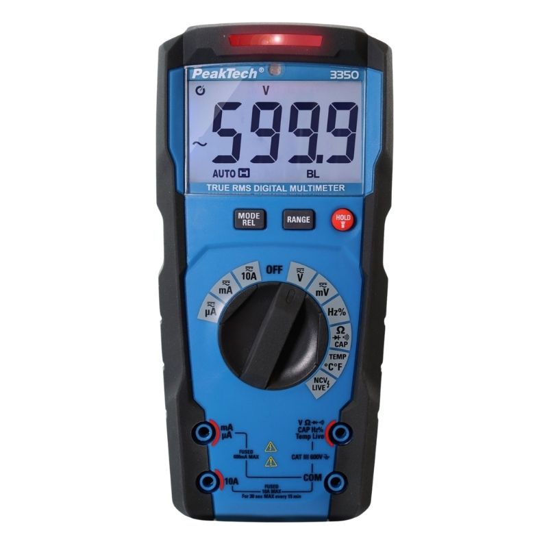 Multímetro digital TrueRMS PeakTech P3350, com 6000 contagens e seleção automática de escala, equipamento para medições elétricas.