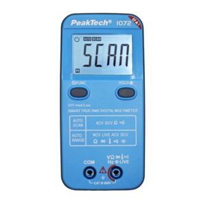 Multímetro inteligente PeakTech P1072 AC/DC com NCV e teste em tempo real, equipamento para medições elétricas.